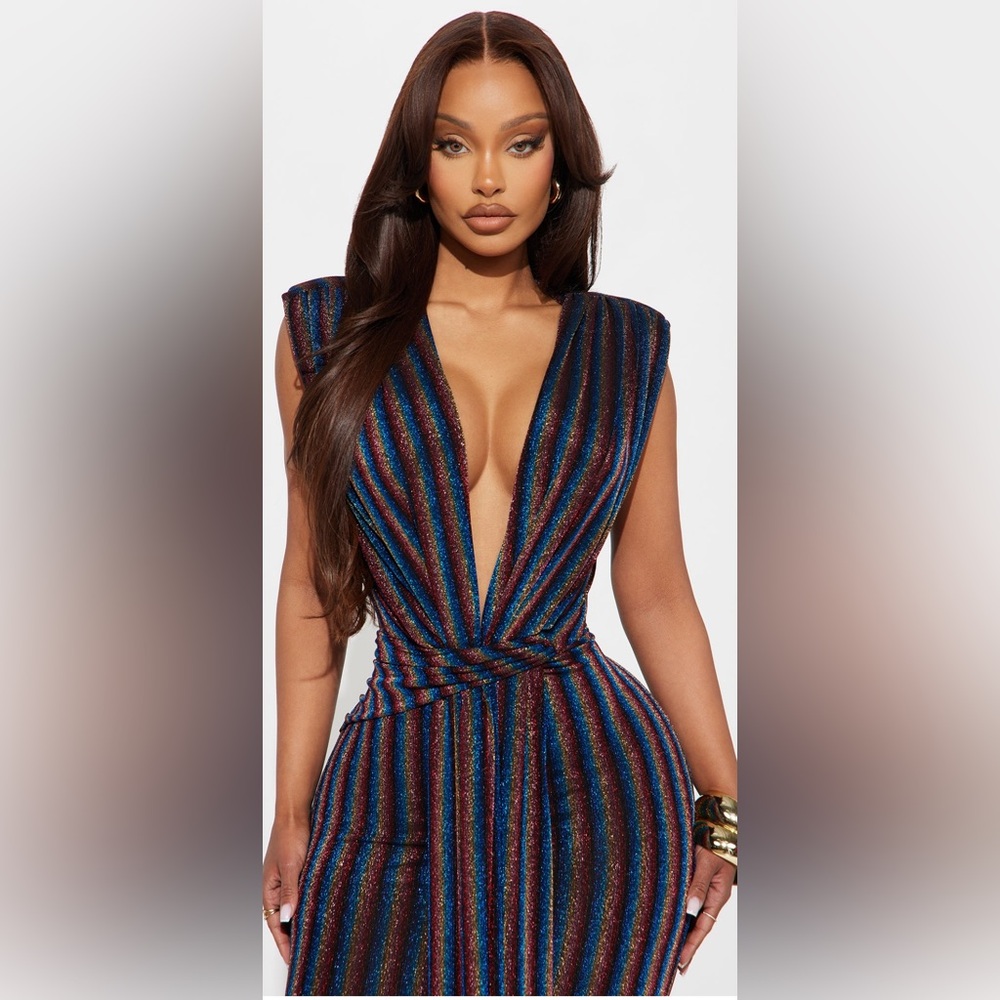 NWT Metallic Rainbow Striped Evening Gown Sz Med